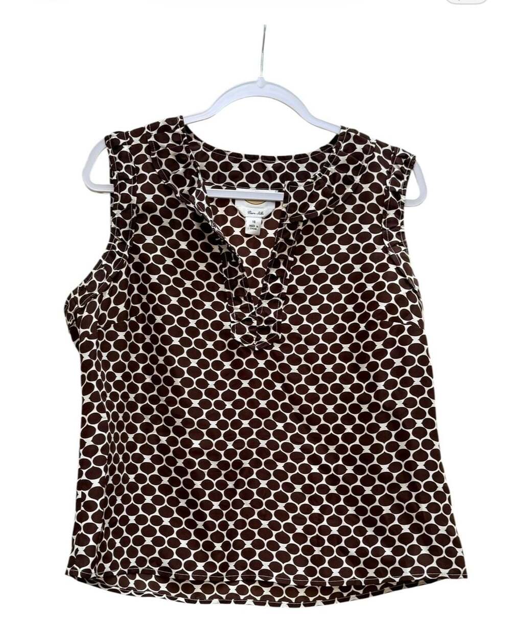 Talbots Women's Brown and Cream Polka Dot Pure Silk Sleeveless Blouse